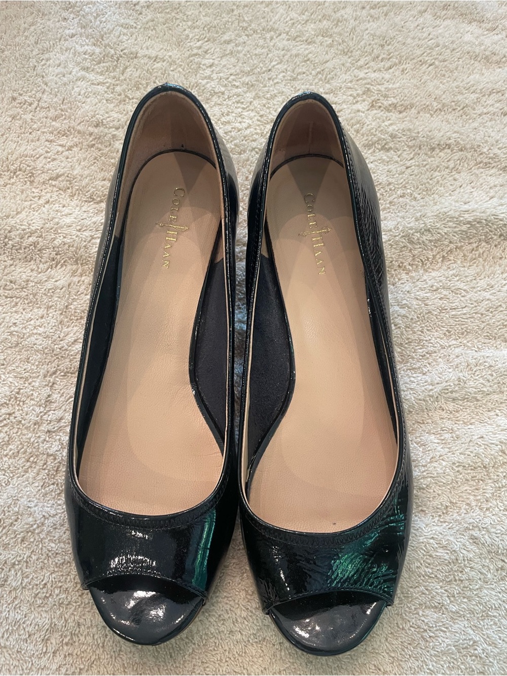 Cole Haan Black Patent Peep-Toe Flats with Nude Insole